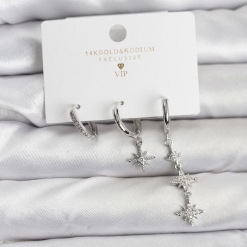 Kutup Yıldızı Model Gümüş Renk Pirinç 3'lü Kadın Küpe Seti