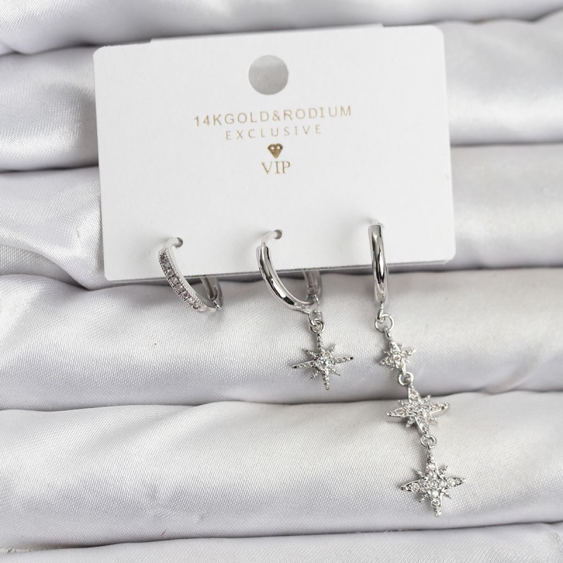 Kutup Yıldızı Model Gümüş Renk Pirinç 3'lü Kadın Küpe Seti