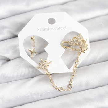 Kutup Yıldızı Model Pirinç Gold Renk Zincir Bağlantılı Ear Cuff Küpe Seti