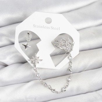 Kutup Yıldızı Model Pirinç Gümüş Renk Zincir Bağlantılı Ear Cuff Küpe Seti