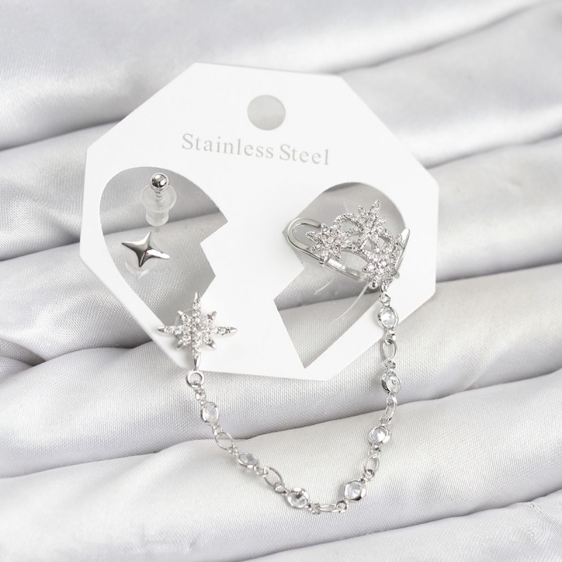 Kutup Yıldızı Model Pirinç Gümüş Renk Zincir Bağlantılı Ear Cuff Küpe Seti