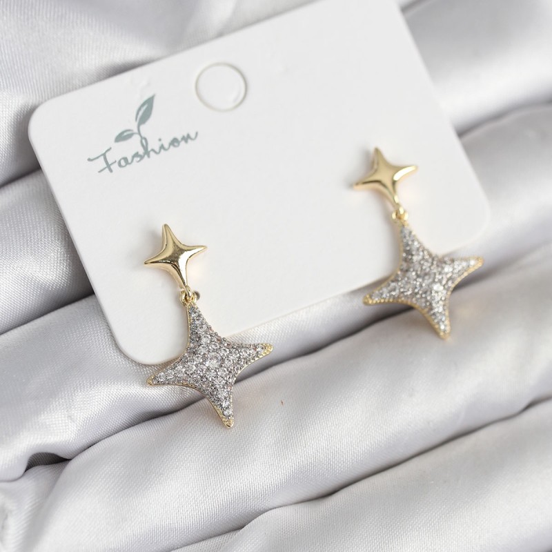 Kutup Yıldızı Pirinç Gold Renk Zirkon Taşlı Kadın Küpe