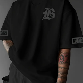 LB Ön Arka Baskılı Oversize Bisiklet Yaka Yazlık T-shirt - Siyah -