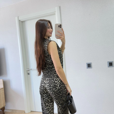 leopar desenli Düğmeli Bluzlu Pantolon İkili Takım -Leopar -