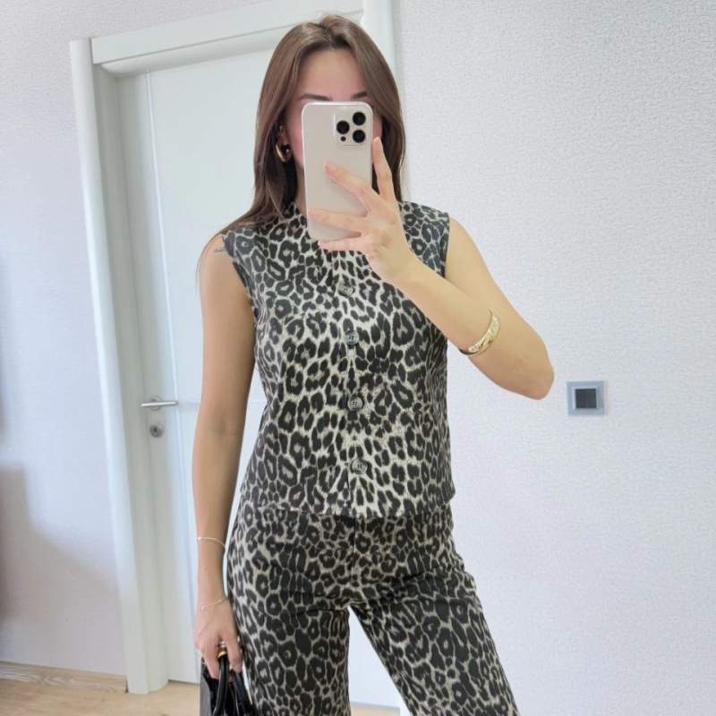 leopar desenli Düğmeli Bluzlu Pantolon İkili Takım -Leopar -
