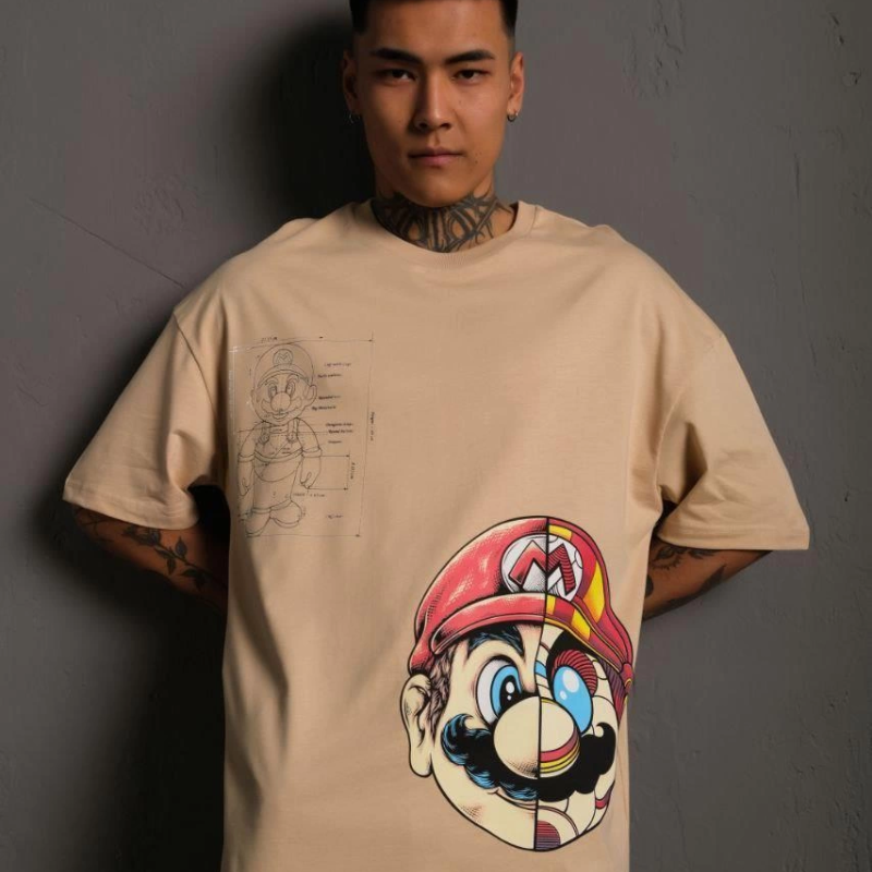 Mario Baskılı Oversize T-Shirt - Bej -