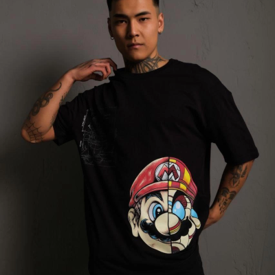 Mario Baskılı Oversize T-Shirt - Siyah -