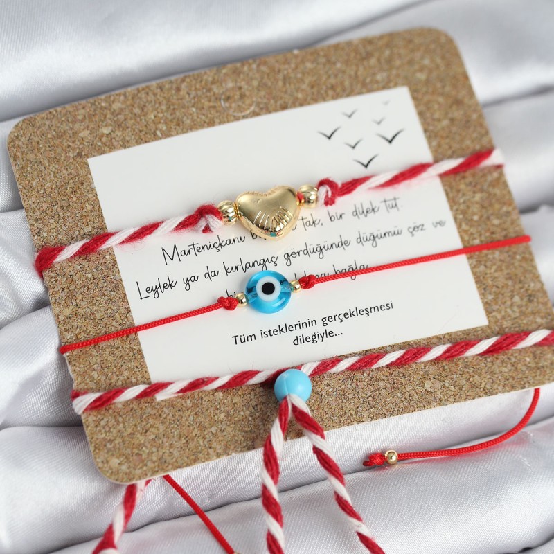 Marteniçka Bileklik 3'lü Kalp ve Mavi Boncuk Model