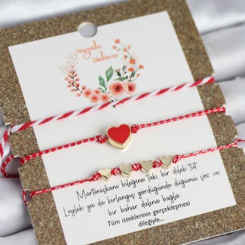 Marteniçka Bileklik 3'lü Kırmızı Mineli Kalp Model