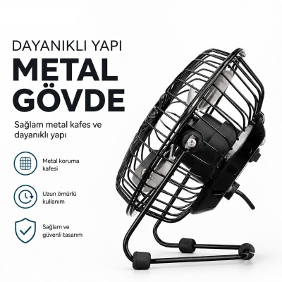 Masaüstü Mini USB Fan - Metal Gövdeli - Ultra Sessiz