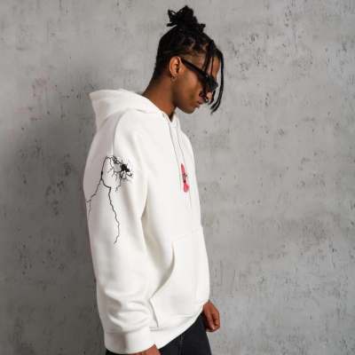 Maske Baskılı Kapüşonlu Sweat - Beyaz