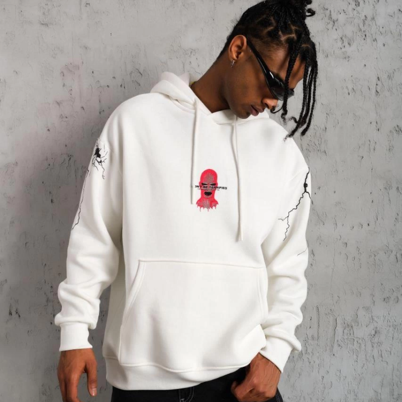 Maske Baskılı Kapüşonlu Sweat - Beyaz