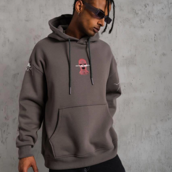 Maske Baskılı Kapüşonlu Sweat - Gri