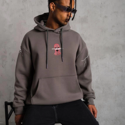 Maske Baskılı Kapüşonlu Sweat - Gri