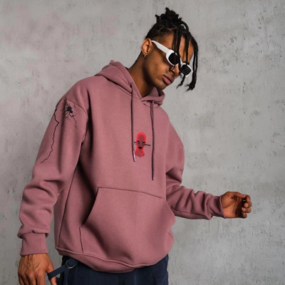 Maske Baskılı Kapüşonlu Sweat - Gül Kurusu