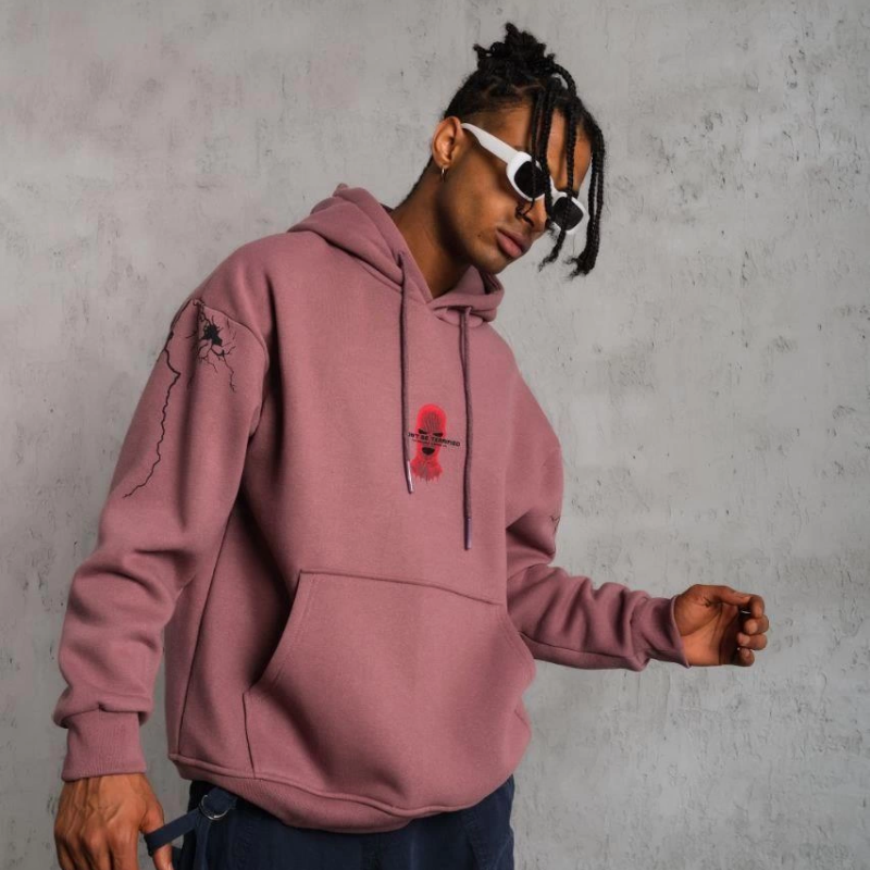 Maske Baskılı Kapüşonlu Sweat - Gül Kurusu