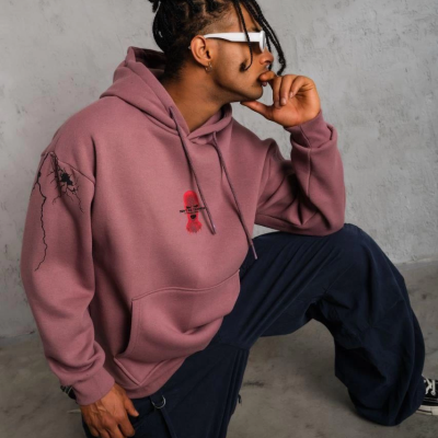 Maske Baskılı Kapüşonlu Sweat - Gül Kurusu
