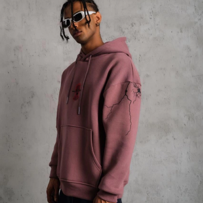 Maske Baskılı Kapüşonlu Sweat - Gül Kurusu