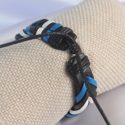 Mavi Beyaz Renk Siyah Deri İpli Erkek Bileklik