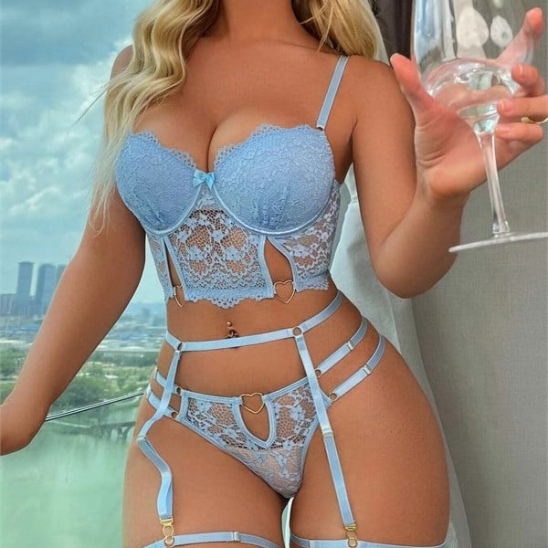 Mavi Dantelli Jartiyer Fantezi Seksi Büstiyer Takımı