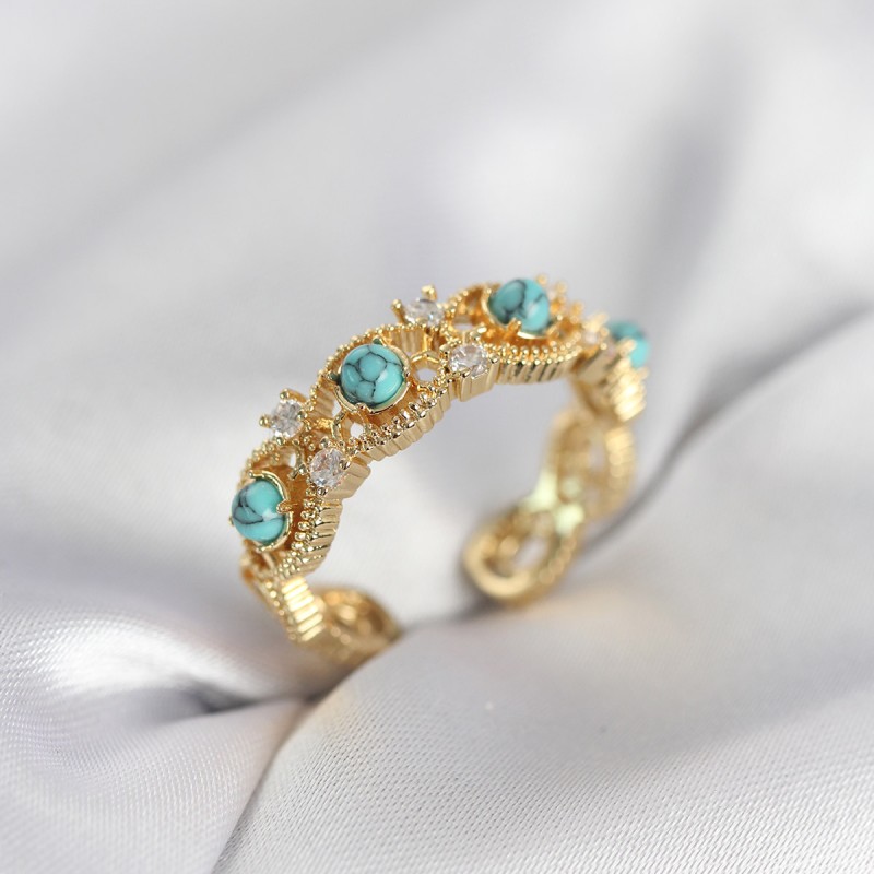 Mavi Taşlı Gold Renk Vintage Kadın Yüzük