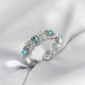 Mavi Taşlı Gümüş Renk Vintage Kadın Yüzük