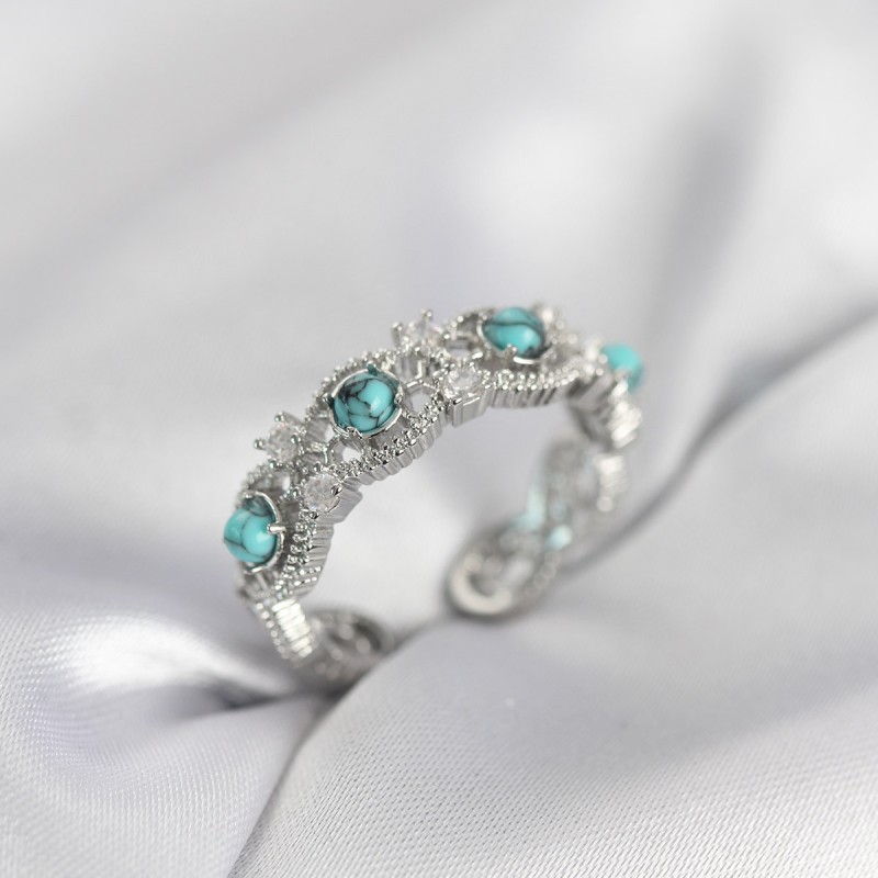 Mavi Taşlı Gümüş Renk Vintage Kadın Yüzük