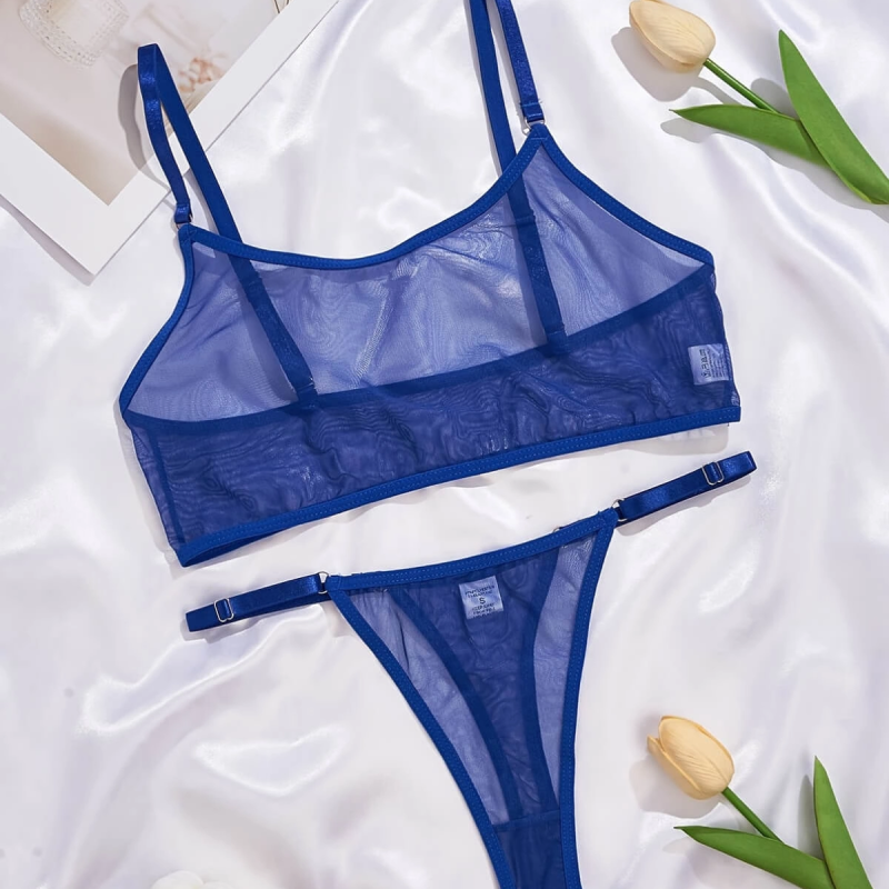Mavi Transparan Tül Bralet Tanga İç Giyim Takımı TM1389