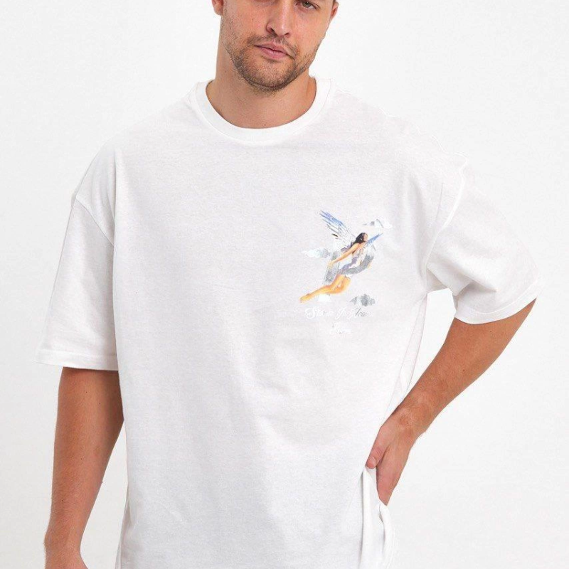 Melek Baskılı Oversize T-shirt - Beyaz -