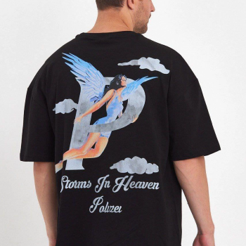 Melek Baskılı Oversize T-shirt - Siyah -