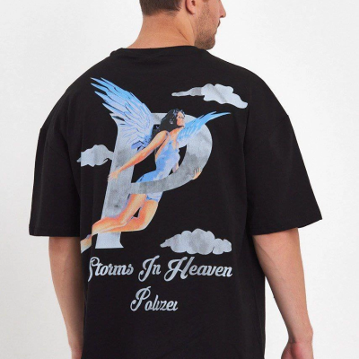 Melek Baskılı Oversize T-shirt - Siyah -