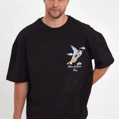 Melek Baskılı Oversize T-shirt - Siyah -
