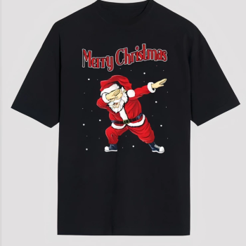 Merry Christmas Baskılı Noel Babalı T-shirt - Siyah -