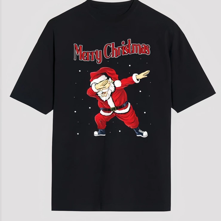 Merry Christmas Baskılı Noel Babalı T-shirt - Siyah -