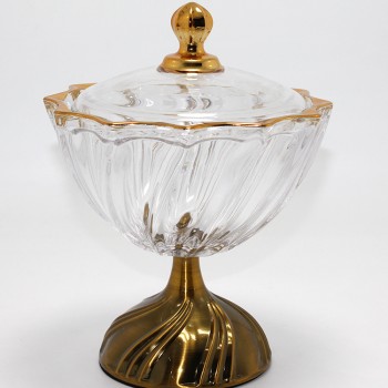 Metal Ayaklı Kristal Cam Şekerlik Gold Detaylı Sunumluk