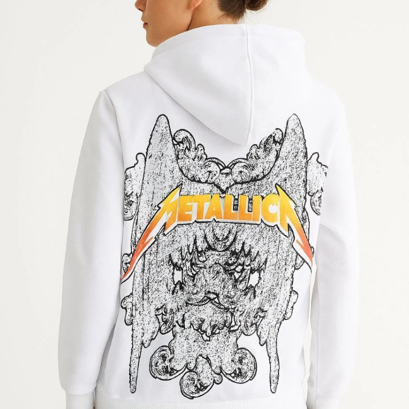 Metallica İki İplik Kapüşonlu Ön ve Arka Baskılı hoodie - Beyaz -