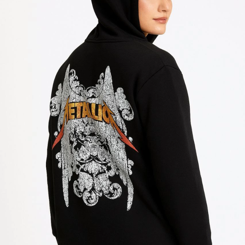 Metallica İki İplik Kapüşonlu Ön ve Arka Baskılı hoodie - Siyah -