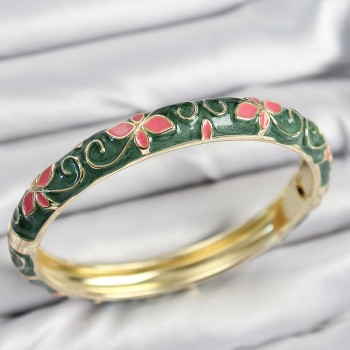 Mineli Pirinç Yeşil Çiçek Motifli Gold Kadın Kelepçe