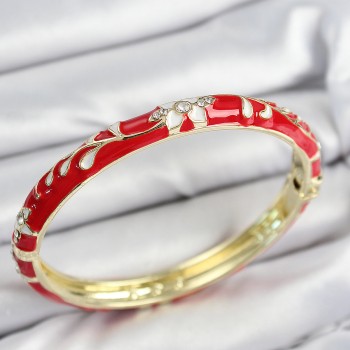 Mineli Pirinç Zirkon Taşlı Kırmızı Çiçek Motifli Gold Kadın Kelepçe