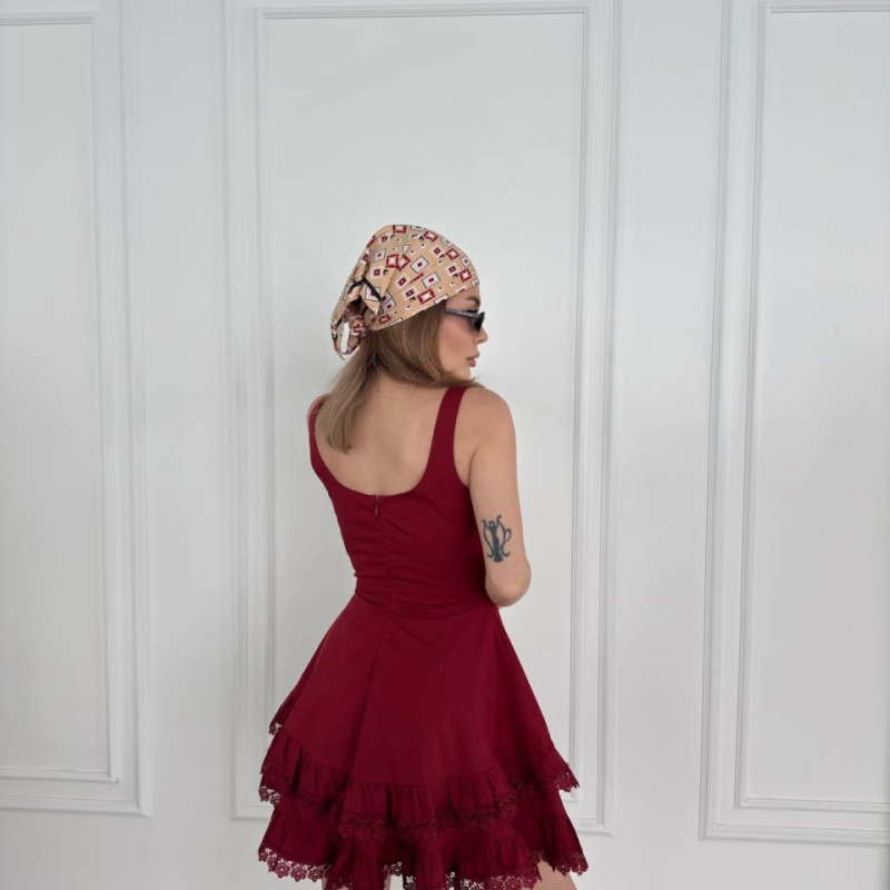 Mini Askılı Elbise - Bordo -