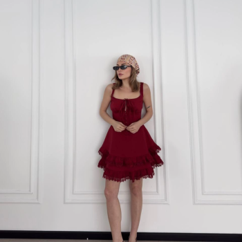 Mini Askılı Elbise - Bordo -