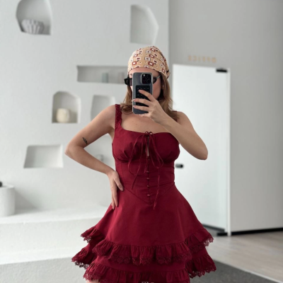 Mini Askılı Elbise - Bordo -