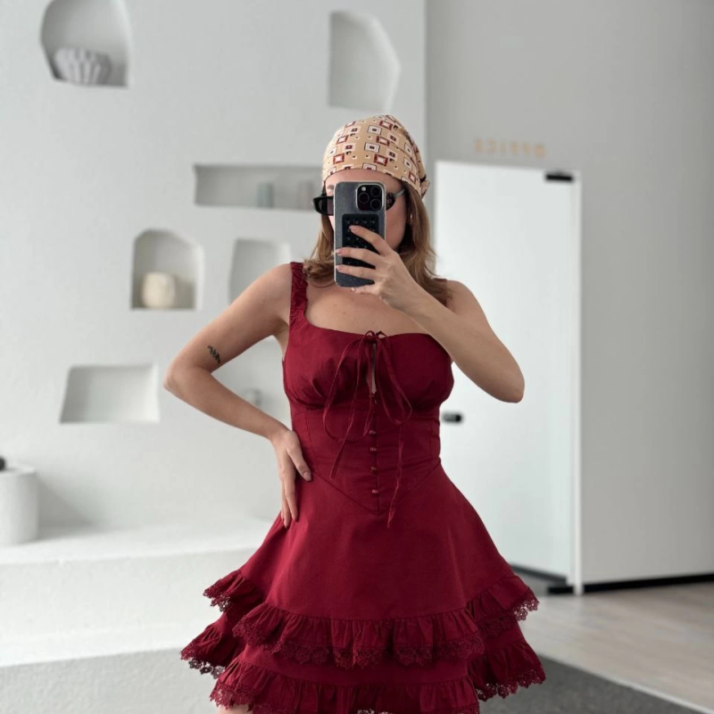 Mini Askılı Elbise - Bordo -