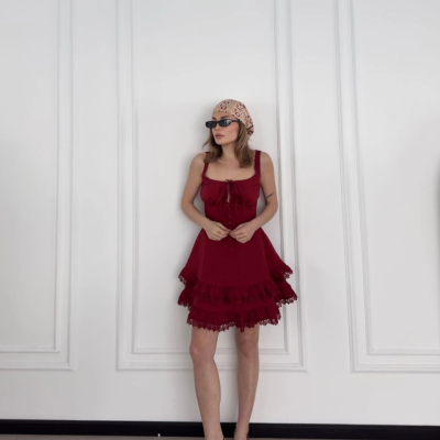 Mini Askılı Elbise - Bordo -