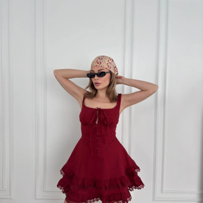 Mini Askılı Elbise - Bordo -