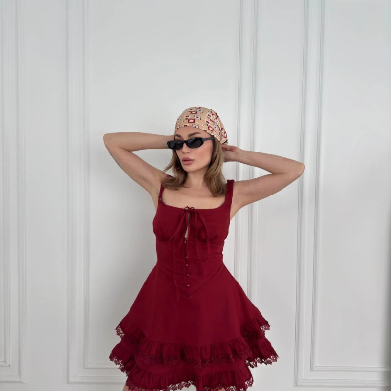 Mini Askılı Elbise - Bordo -