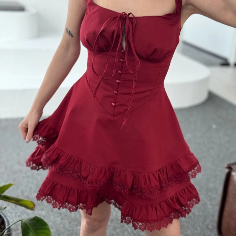 Mini Askılı Elbise - Bordo -