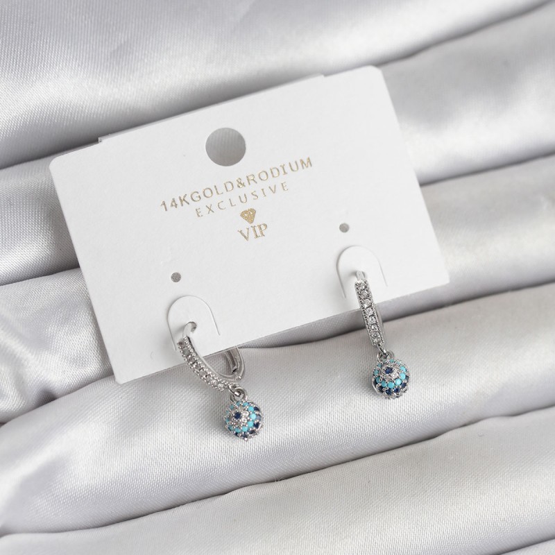 Minimal Nazarlı Model Gümüş Renk Zirkon Taşlı Kadın Küpe