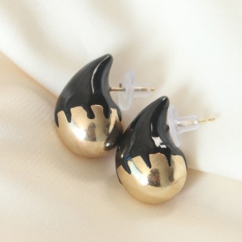 Minimal Siyah Mineli Çift Renk Damla Küpe