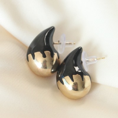 Minimal Siyah Mineli Çift Renk Damla Küpe